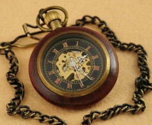 Herren Retro Holz Bronze Römische Ziffern Anhänger Mechanische Taschenuhr - Bild 1 von 5
