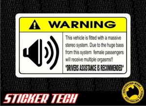 WARNING STEREO SYSTEM STICKER DECAL SUITS SUBS SUBWOOFER AMPLIFIER SPEAKERS - Picture 1 of 1