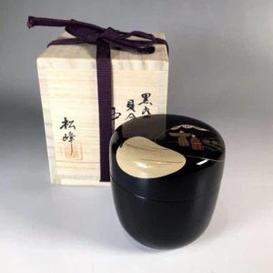 Natsume Tea Caddy Nakade Shoho Black Lacquer with Red Shell-shaped Hina Dolls JP - Picture 1 of 18