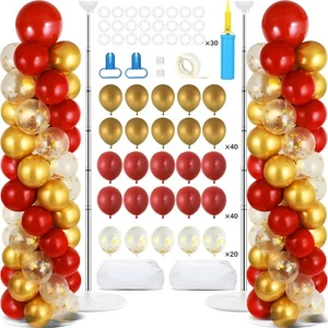 2 Sets Red Gold Balloon Column Stand Kit with 100 Balloons Adjustable Balloon... - Picture 1 of 7