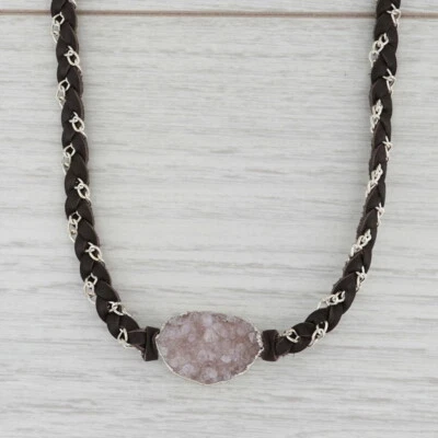 New Nina Wynn Cordelia Necklace Woven Dark Brown Leather Tags Druzy Quartz Foto 1 de 4