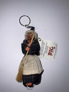Vintage Halloween Witch Doll Keychain with Plaid Blue Fabric Dress - Picture 1 of 4