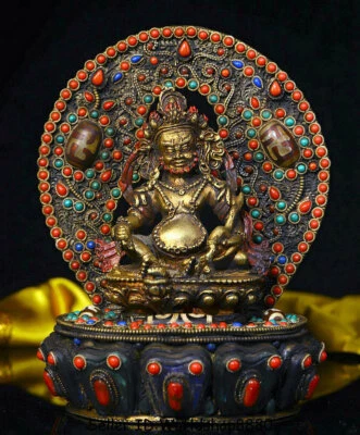 6.6" Antiguo Tíbet Cobre Plata Incrustación Gema Amarillo Jambhala Riqueza Dios Buda Estatua Foto 1 de 4