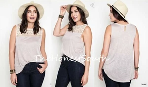 NWT KORI AMERICA Taupe Lace Yoke Soft Knit Scoop Hem Keyhole Back Tank Top XL - Picture 1 of 11