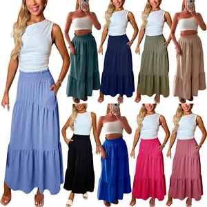 Maxi falda acampanada transparente cintura elástica línea A falda plisada con bolsillo para mujer - Imagen 1 de 10