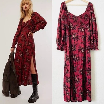 Vestido midi Free People GRANDE Jaymes ajustado manga larga dobladillo abertura Borgoña floral Foto 1 de 4