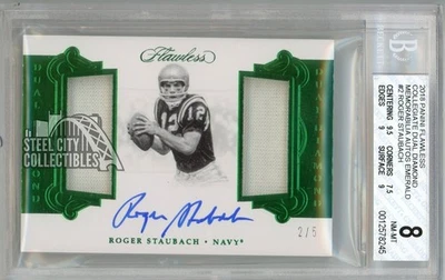 Roger Staubach 2018 Flawless Collegiate Emerald Dual Patch Auto 2/5 BGS 8 - Image 1 of 2