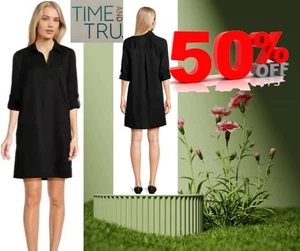 Time and Tru Women's SIZE L 12-14 Mini Shirt Dress with Sleeves Black soot NWT - Picture 1 of 12