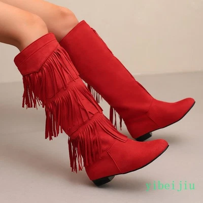 Lady Women's Knee High Tassel Layer Flat Heel Boots Fall Winter Shoes Plus Size - Image 1 of 4