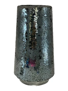 Black Iridescent Mosaic Crackle Glass 11”VTG Vase Candle Holder Wedding Decor - Picture 1 of 9