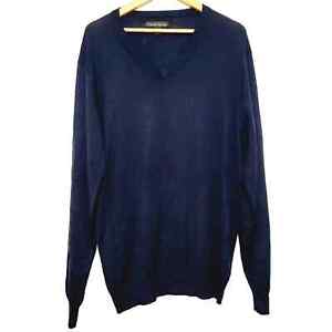 Kenneth Roberts Platinum Mens Silk Navy Blue V Neck Long Sleeve Sweater Large