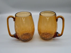 2 Brown Crackle Blown Art Glass 16oz Mugs Cups Amber Handled Glasses Vintage 5" - Picture 1 of 15