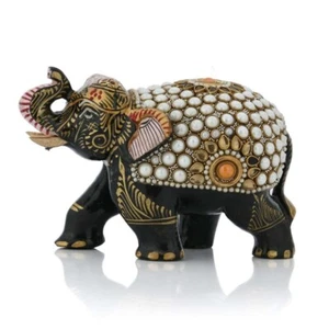 Wooden Elephant Figurine 8cm | Jaipur Print Handicraft Decor | Indian Art - Picture 1 of 6