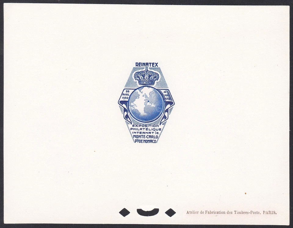 Viñeta Mónaco 1952 REINATEX EXPOSICIÓN FILATELIA, globo terráqueo, mapa, prueba de lujo D Foto 1 de 1