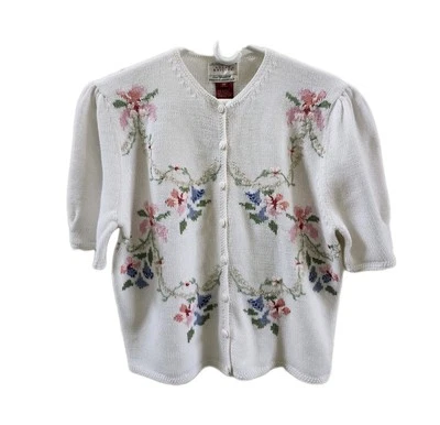 Susan Bristol 1990 Hand Embroidered Button Front Cardigan Short Sleeve Sweater M - Image 1 of 4