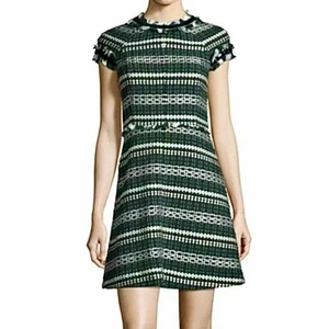 Tory Burch Norfolk Striped Tweed Dress 2 Cap Sleeve Fit & Flare Green Black Wht - Picture 1 of 12