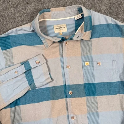 Quiksilver Waterman Collection Shirt Medium Blue Plaid Long Sleeve Button Up Men - Image 1 of 4