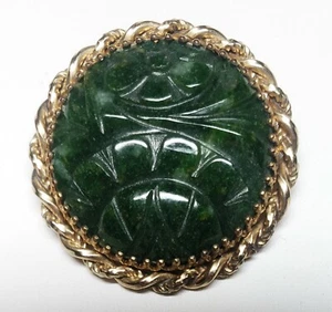 Vintage Floral Carved Jade Medallion Pin Brooch Pendant 12K GF Mid 20th Century - Picture 1 of 3