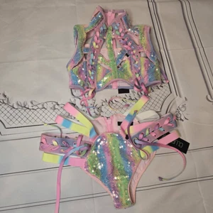 Dolls Kill Harness Rainbow Sequin Rave Festival Lace Up Top - M - Picture 1 of 2