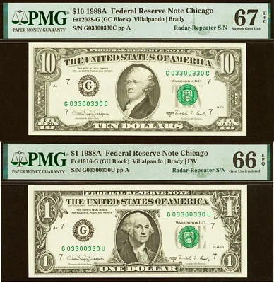 1988A $10 & $1 FRN PMG 67EPQ Matching Pair Radar Repeater Serial Number 03300330 - Image 1 of 4