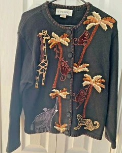 Vintage Victoria Harbour Safari Cute Ugly Sweater Size L -Black Cardigan - MINT! - Picture 1 of 10