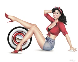 Hot Rodder Pin Up Girl 16x20 Original Gemälde Airbrush Weißwand Reifen - Bild 1 von 8