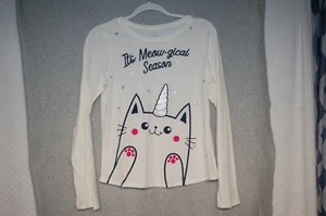 Girls IVORY L/S T-SHIRT Winter MEOW-GICAL SEASON Cat Unicorn Horn XXL / 18 - Picture 1 of 1