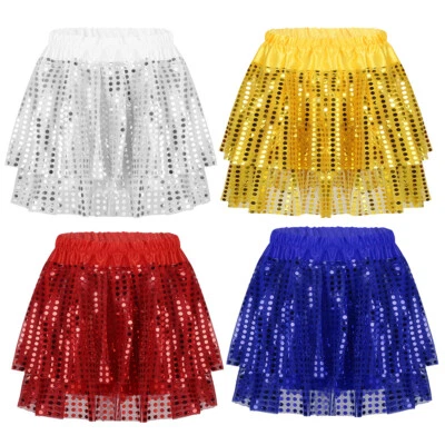 Girls Shiny Sequins Tutu Skirt Hip Hop Latin Jazz Dance Skirts Rave Dancewear - Image 1 of 2