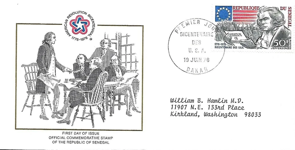 SENEGAL 1976 FIRST DAY COVER AMERICAN BICENTENNIAL THOMAS JEFFERSON AND 13 STAR - Image 1 of 1