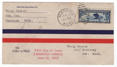 C10 Lindbergh Spirit of St Louis Airmail 1927 FDC U/O Dearborn MI w/ Cachet - Image 1 of 2