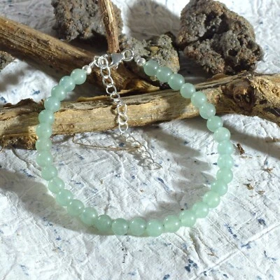 A Mano Verde Naturale Avventurina 4mm Perline Rotonde 925 Argento Catenina 22CM - Immagine 1 di 4