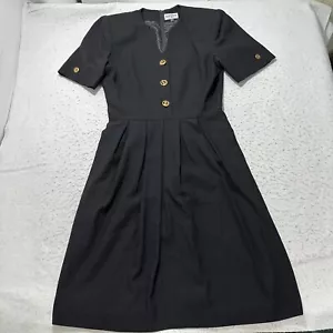 Vintage Kasper For ASL Women's 10 Gold Button V-Neck Short Sleeve Black Dress - Picture 1 of 12