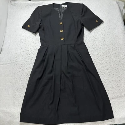 Vintage Kasper For ASL Women's 10 Gold Button V-Neck Short Sleeve Black Dress - Image 1 of 4