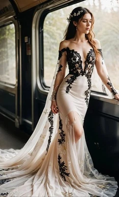 Black+White Sexy V-Neck New Wedding Dresses 3D Flower Long Sleeve Lace Applique - Image 1 of 4