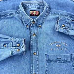 Vintage Virginia Tech Hokies Shirt Men XL Blue Denim Button Up Jean 90s Faded - Picture 1 of 12