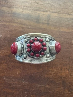 Tibetan Silver Plated Cuff Bracelet - Faux Red Stones - Image 1 of 3