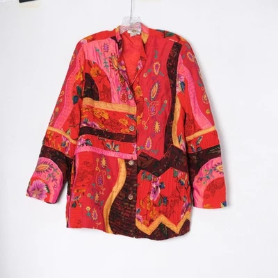 Sandy Starkman Patchwork Silk Rayon Blazer Jacket Red Floral Paisley Print M - Image 1 of 4