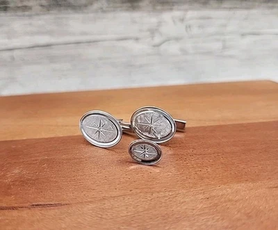 14K White Gold Oval Starburst Men's Cufflinks Diamond 8.5 grams - Image 1 of 4