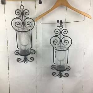 Vintage Pair Of Large 20” Wall Candle Sconces Black With Crackle Cylinder Glass - Picture 1 of 16