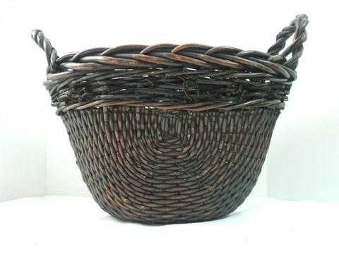 Vintage Oval Wicker Basket Brown Lacquered Twisted Twigs Bamboo Side Handles Cover
