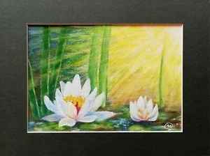 Original Painting White Lotus -Flowers Artwork Framed -Landscape Home Decor - Foto 1 di 9