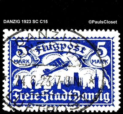 PLANO DANZIG 1923 SC C15 SOBRE DANZIG 5mk AZUL VIOLETA USADO SIN GOMA MUY FINO Foto 1 de 2
