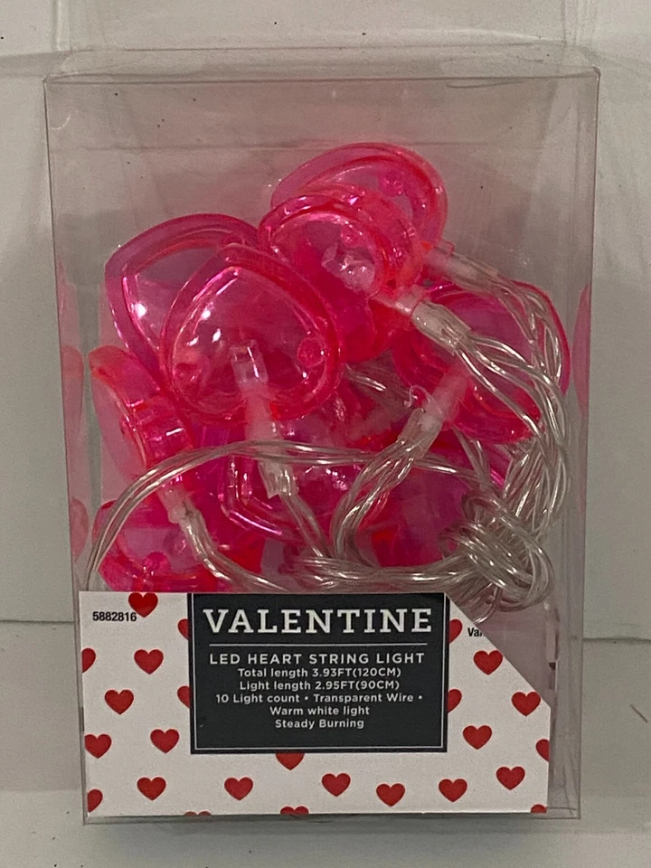 NEW PINK HEARTS LED STRING LIGHT BATTERY OPERATED 3.93 FT 10 LIGHT FREE SHIP - Image 1 of 1