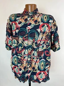 Vintage 80er Crazy Geometric Hemd L Kurzarm Viskose Hawaii Abstrakt MÄNGEL - Bild 1 von 17