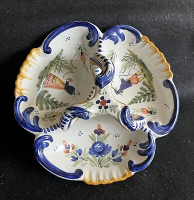 Antique French Faience HB Quimper Hand Painted Multiple Scene Divided Dish NICE - Image 1 of 4