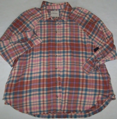 NWT Lucky Brand Orange/Peach/Blue Plaid Oversize Distressed FLANNEL Tunic Top L - Image 1 of 4