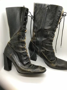 Botas de cuero Miu Miu negras envejecidas con cordones 36,5 hechas en Italia - Imagen 1 de 11