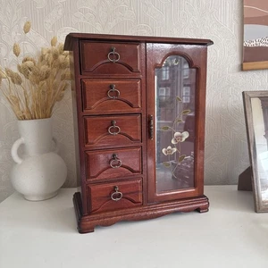 Vintage Wooden Wardrobe Style Jewellery Box Floral 5 Drawers Large Carousel 37cm - Picture 1 of 16