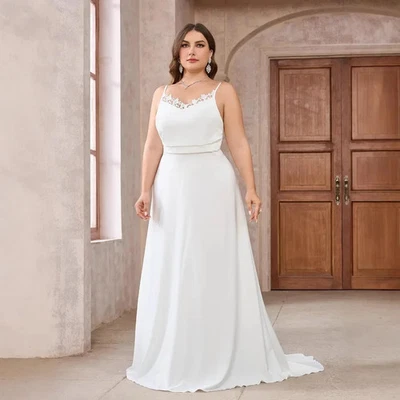 Plus Size Elegant Long Satin Lace Butterfly Knot Wedding Dresses Floor Length - Image 1 of 4