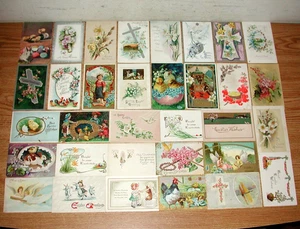 LOT OF 34 ANTIQUE EMBOSSED EASTER GREETINGS POSTCARDS FROM THE 1910S - Afbeelding 1 van 21